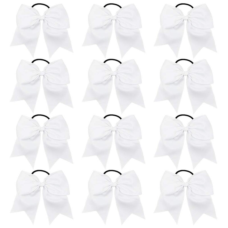 DEEKA 12PCS 8" Large Cheer Hair Bows Ponytail Holder Handmade for Teen Girls Softball Cheerleader Sports-White - Image 1